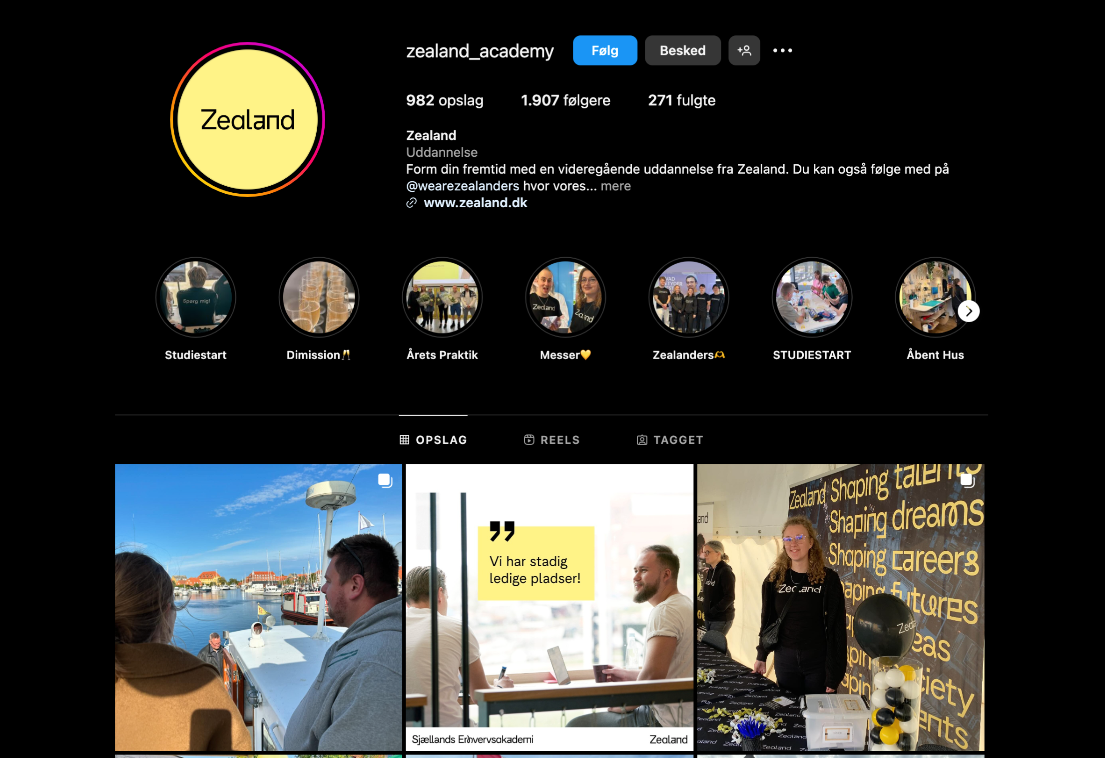 Inbound strategi Zealand Instagram-profil med opdateringer om studieliv, åbent hus og messer.